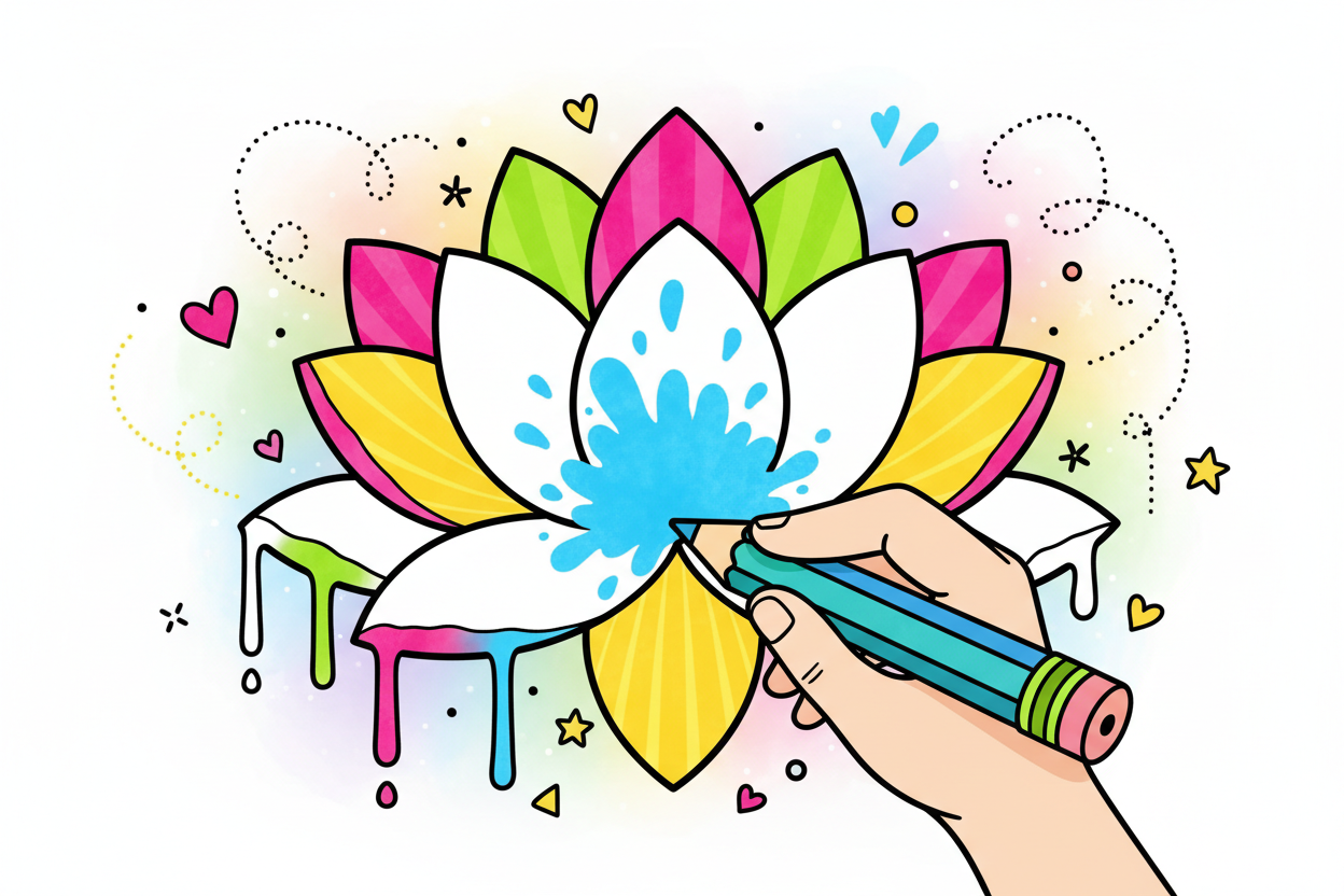 a lotus flower blooming in a cartoony drawing with a hand coloring it in